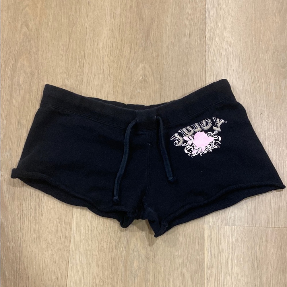 Vintage Juicy Couture Black Mini Shorts Rose Detail Y2K Petite Small